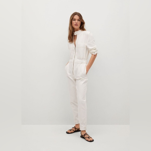 Mango Pants - Mango size Large Long Sleeve Off White Utility Denim Jumpsuit Boilersuit